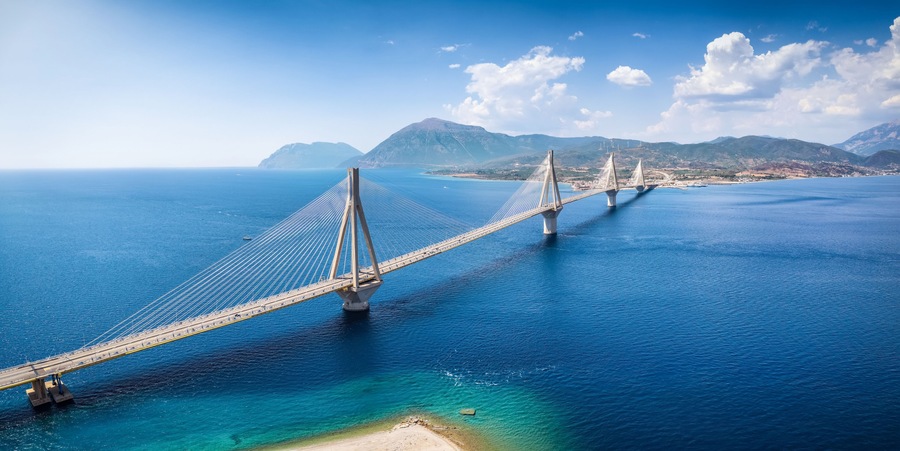 Panoramic aerial view of the big suspension bridge between Rio and Antirio, Peloponnese, Greece