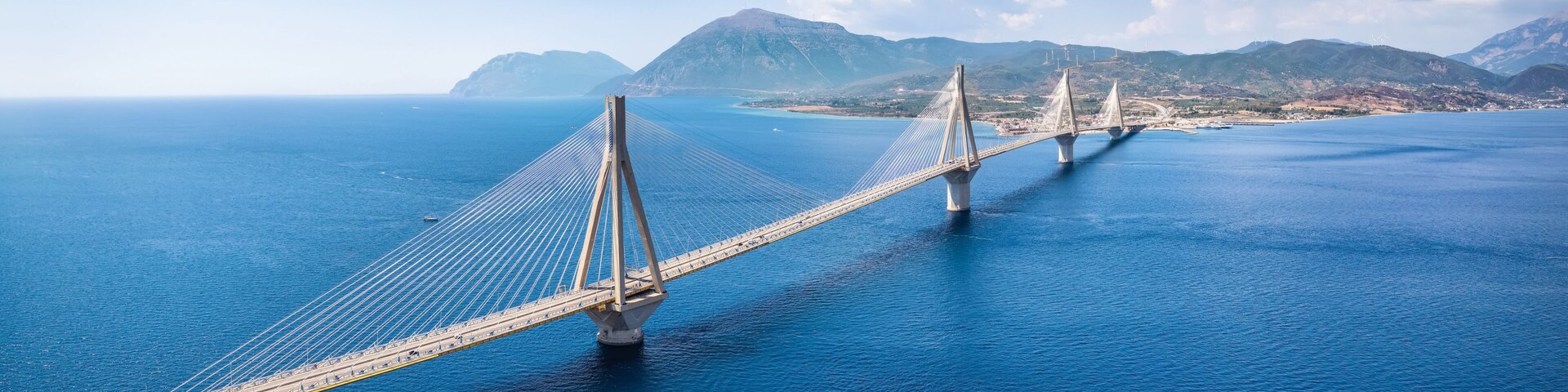 Panoramic aerial view of the big suspension bridge between Rio and Antirio, Peloponnese, Greece