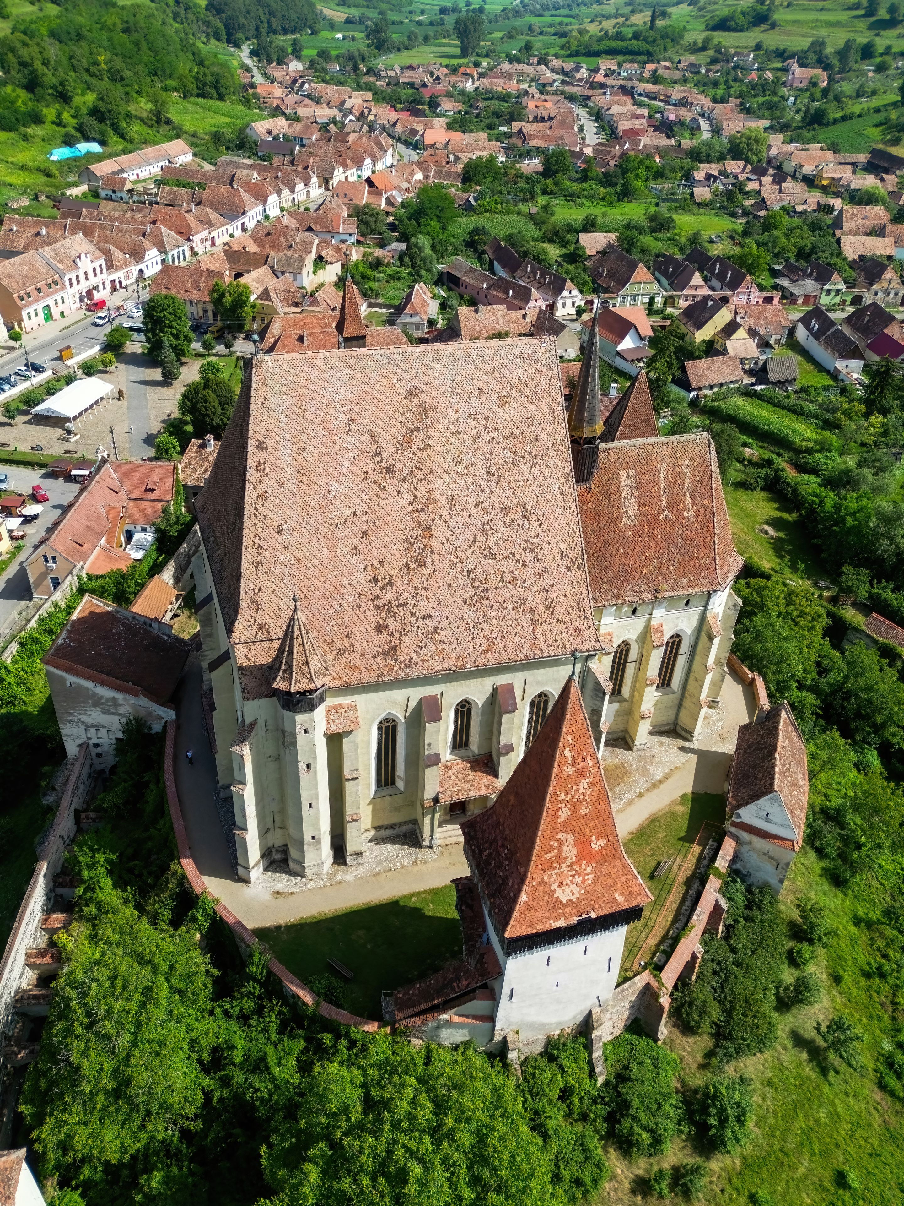 Aerial view of Biertan Lutheran fortified church, in Sibiu County of Transylvania, Romania, a world heritage site