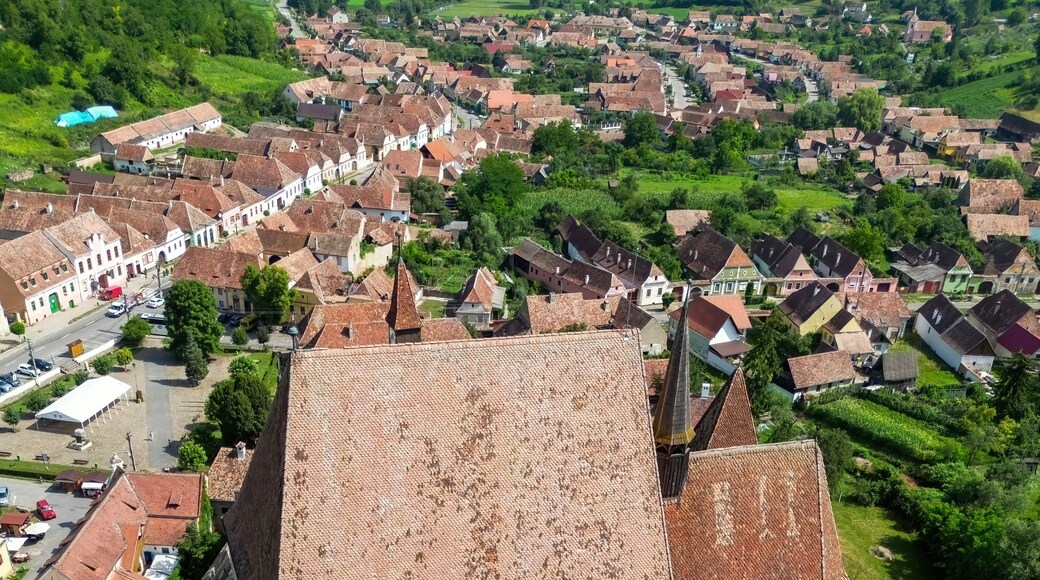 Aerial view of Biertan Lutheran fortified church, in Sibiu County of Transylvania, Romania, a world heritage site