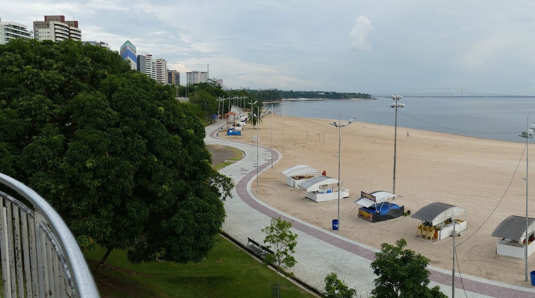 Panorama view of Ponta Negra beach in Manaus Amazon Brazil, in the afternoon with light cloudy weather, empty beach because of Corona Logdown