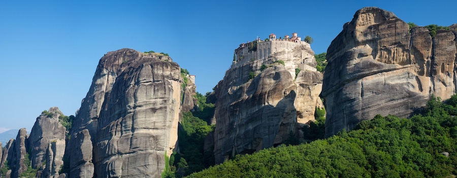 Meteora Monastery Greece on rocky mountain panorama