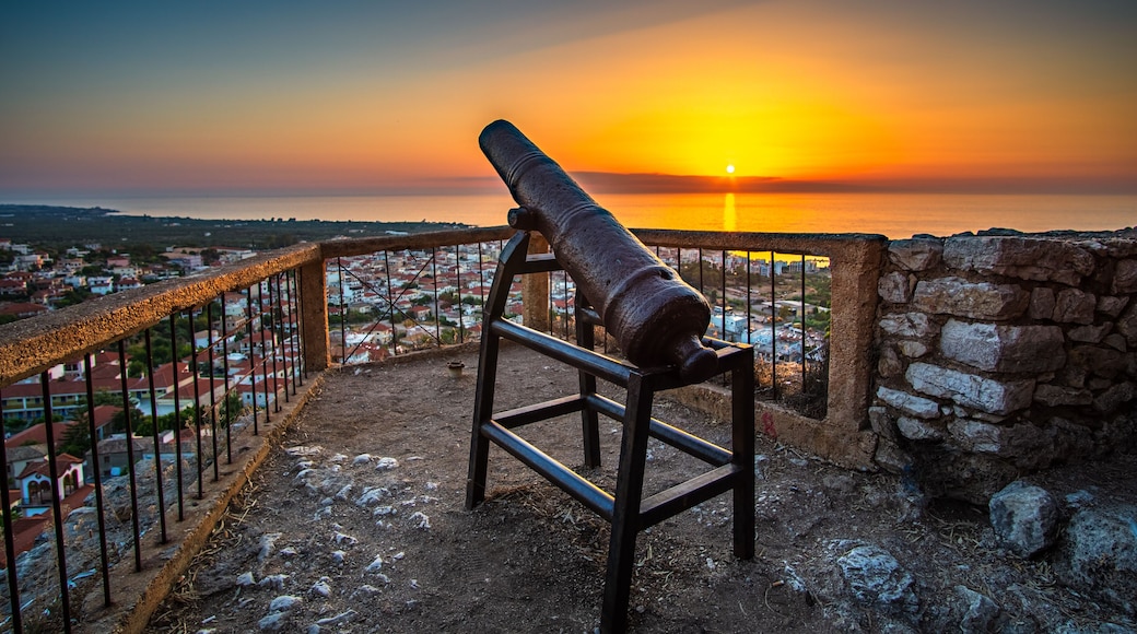 Beautiful sunset view from the historical castle of Kyparissia coastal town at sunset. Located in northwestern Messenia, Peloponnese, Greece, Europe.