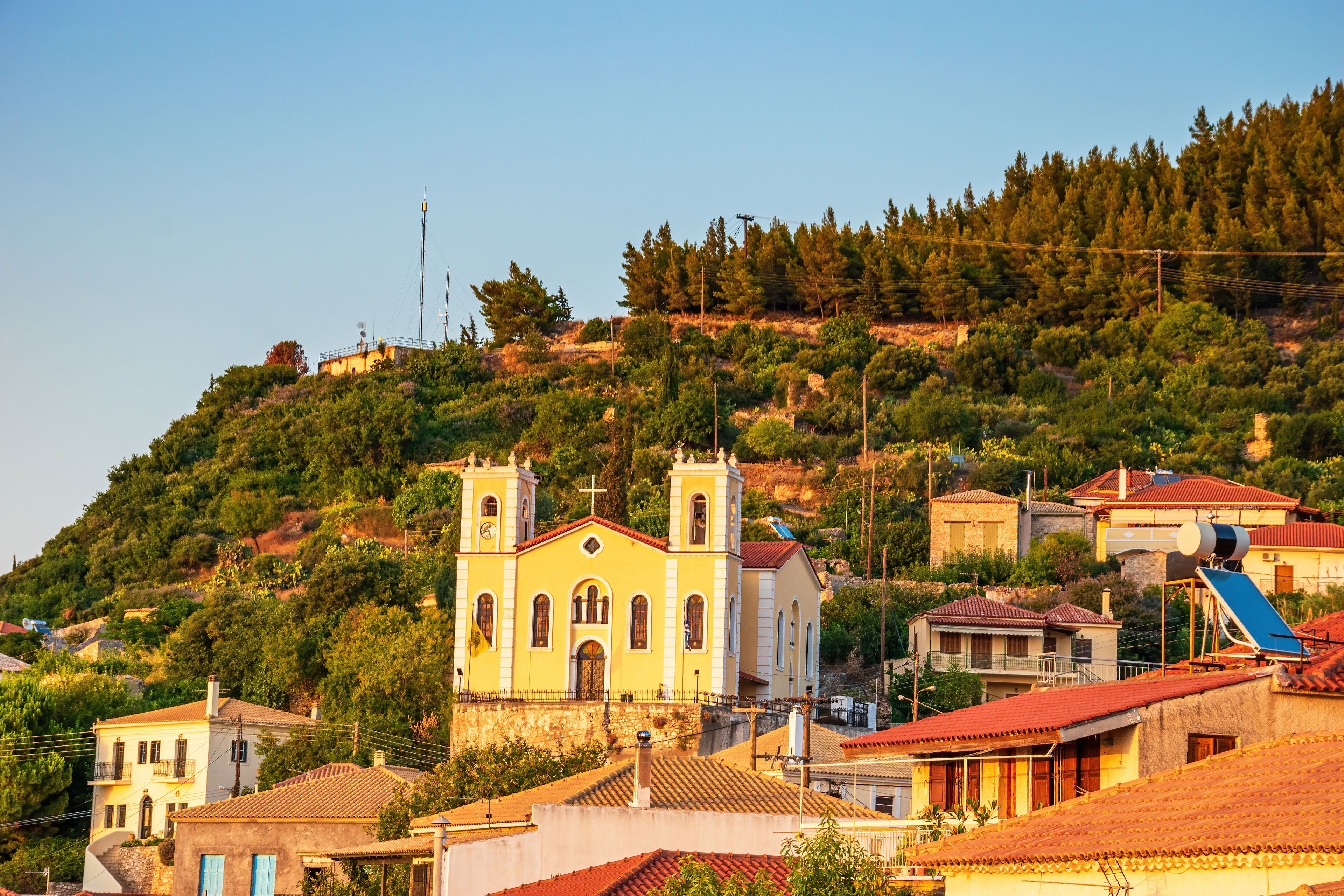 Sunset view over the picturesque coastal town of Kyparissia located in northwestern Messenia, Trifylia, Peloponnese, Greece.