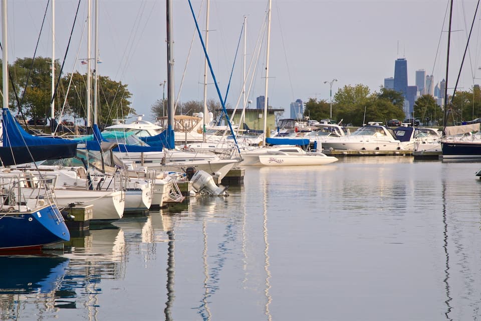 A marina with various sailboats and yachts docked.