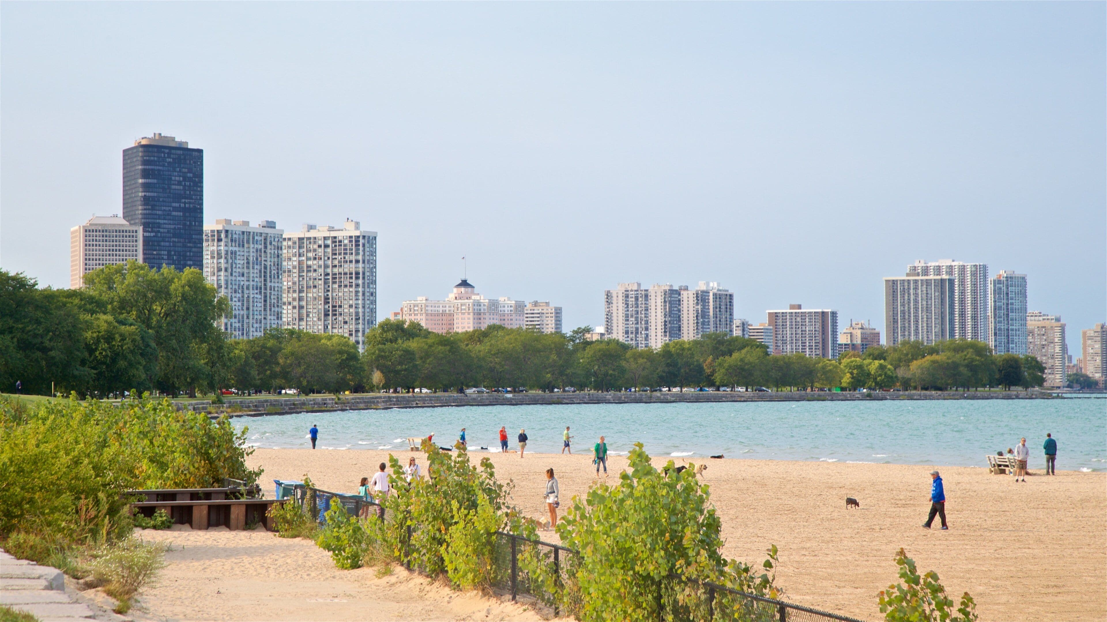 A beach with people walking and a city skyline in the background.