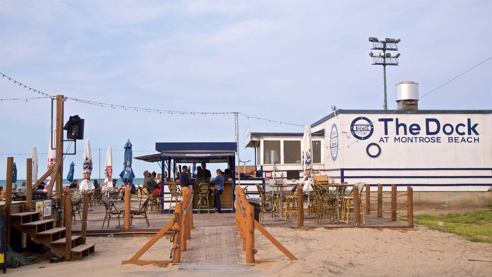 A dock named "The Dock at Montrose Beach" with people dining and a sandy beach area.