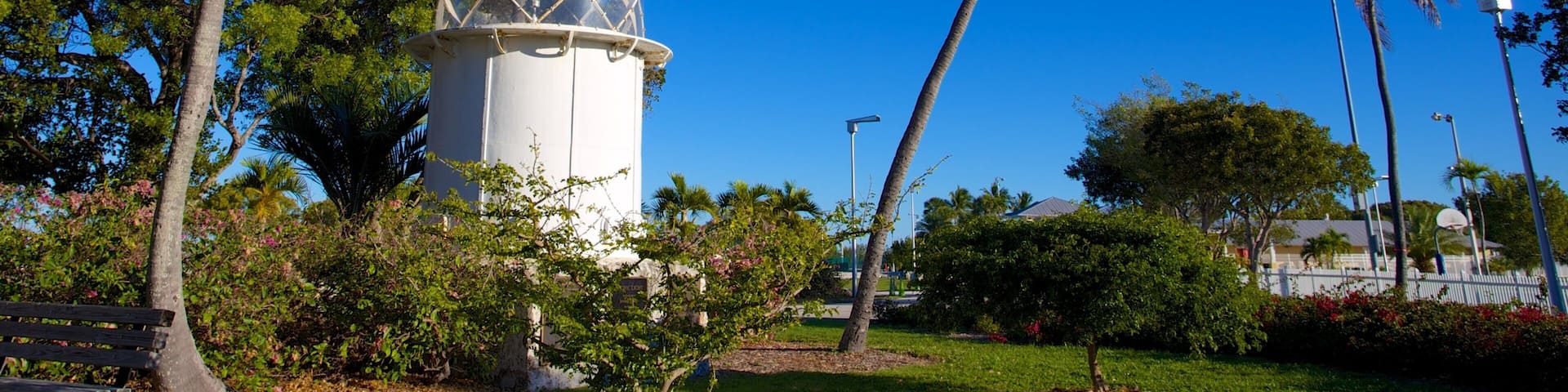 A white tower with a dome, surrounded by palm trees and greenery.