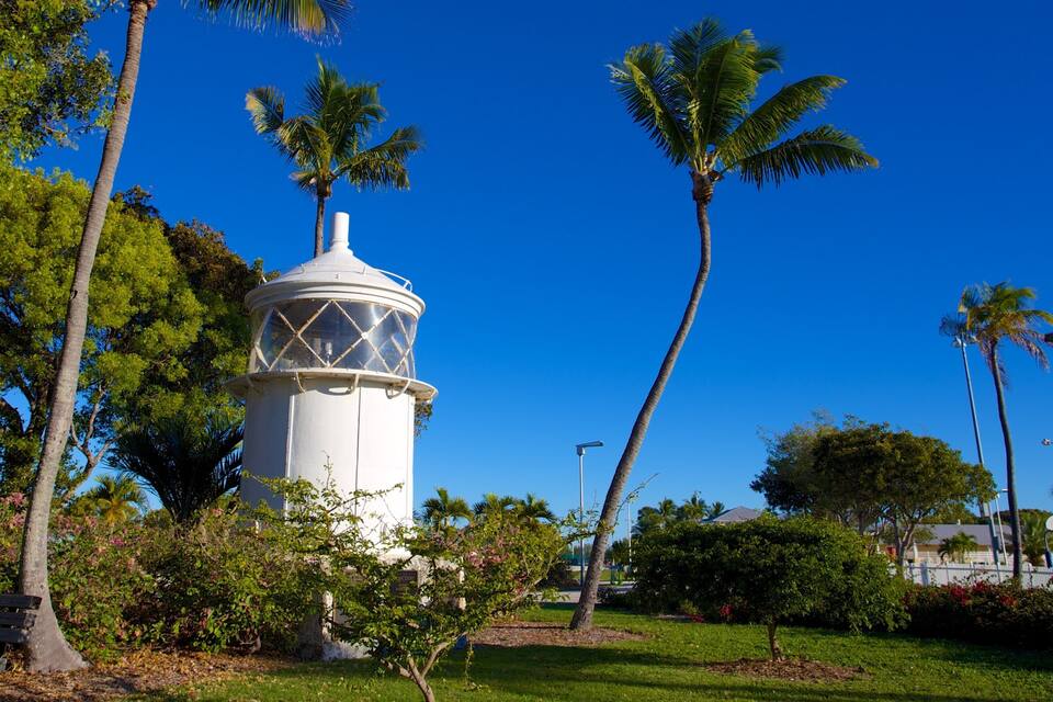 A white tower with a dome, surrounded by palm trees and greenery.