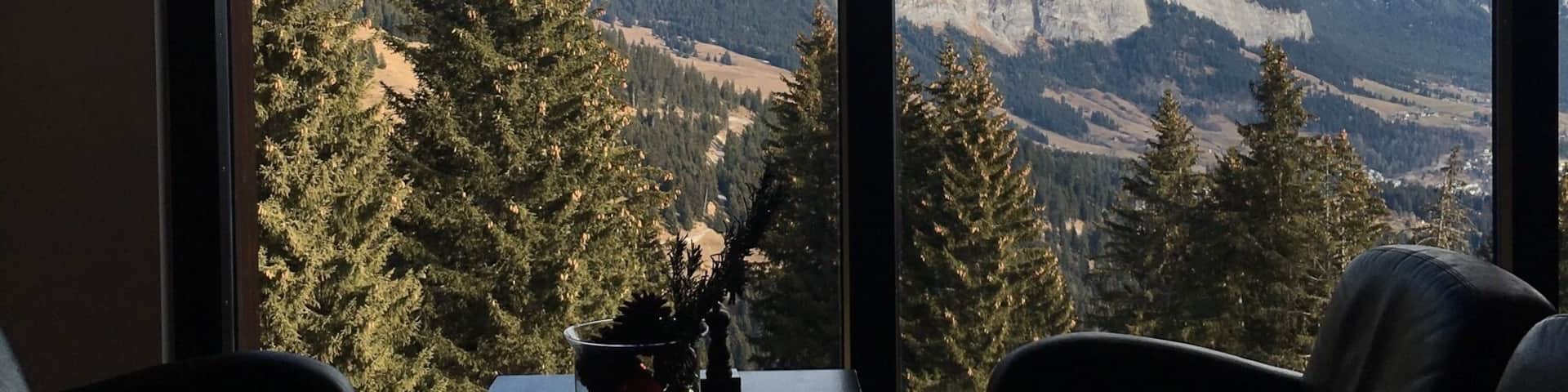 Una habitación con un amplio ventanal que da a un paisaje montañoso con picos nevados y árboles de hoja perenne.