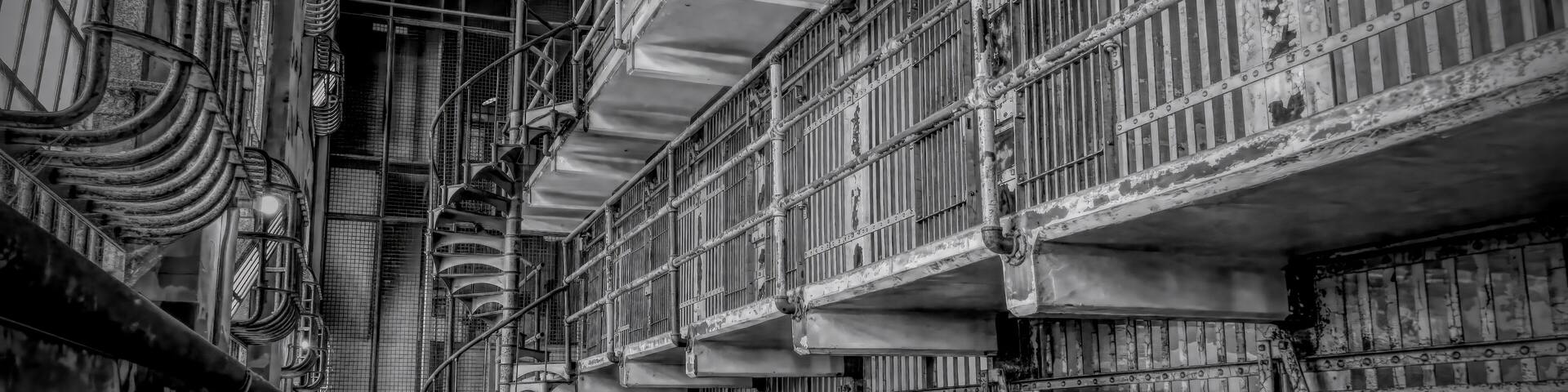 A historic cell block of Alcatraz, the infamous prison located on an island in San Francisco Bay.