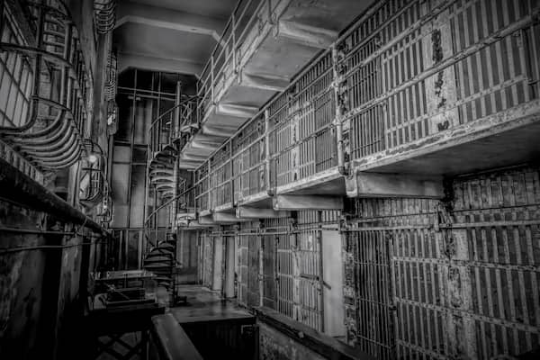 A historic cell block of Alcatraz, the infamous prison located on an island in San Francisco Bay.