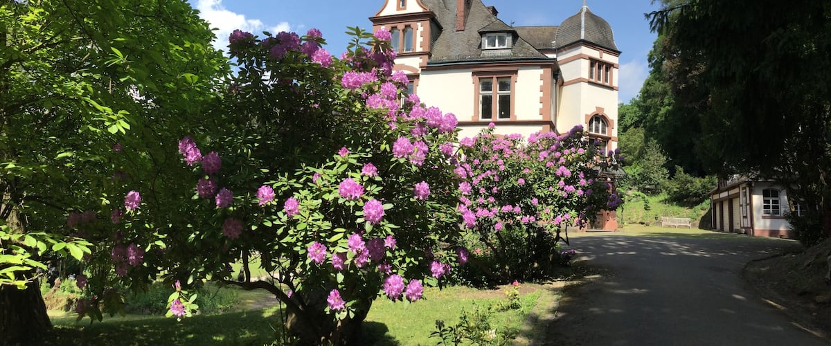 A large, historic house with a prominent tower and surrounded by lush greenery and blooming purple flowers.