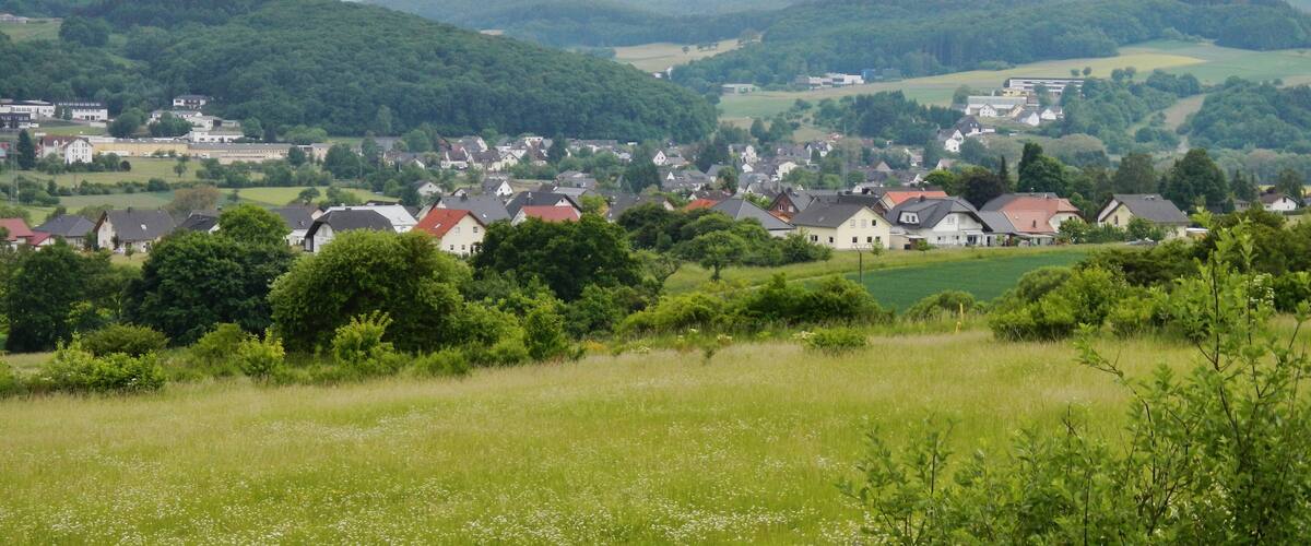 A rural village nestled in a valley with rolling hills in the background.
