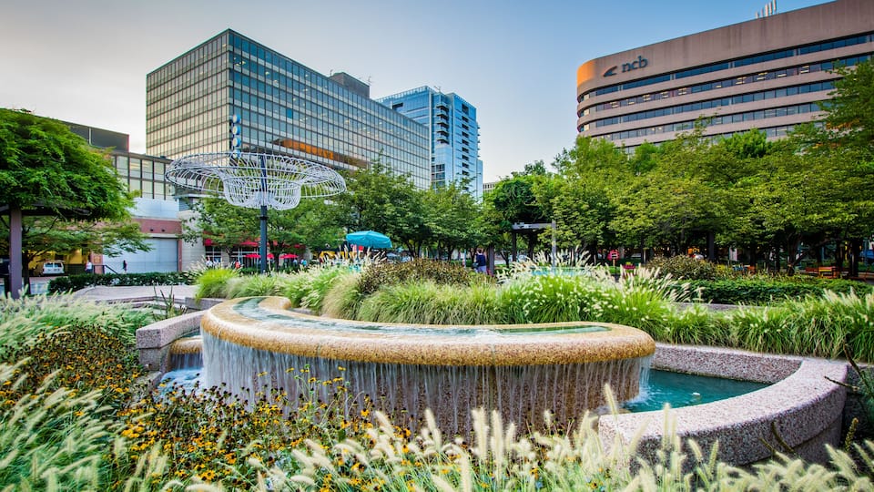 Fountains and modern buildings in Crystal City, Arlington, Virgi