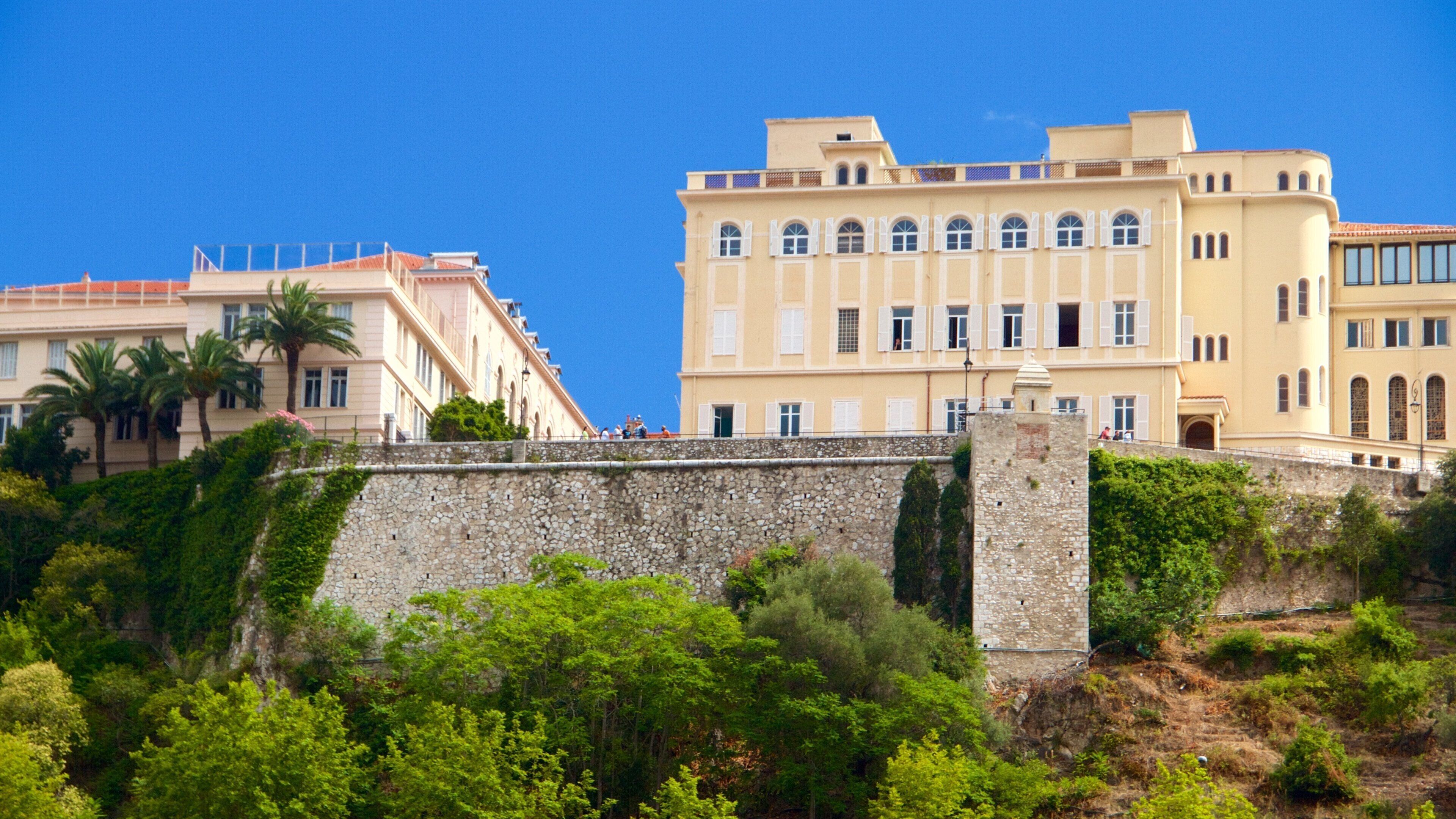 A coastal cityscape with historic buildings, a stone wall, and lush greenery.