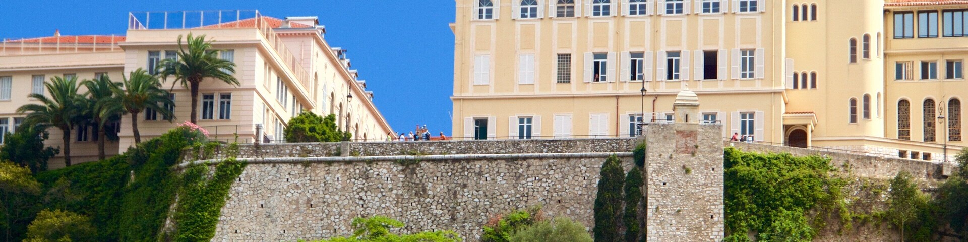 A coastal cityscape with historic buildings, a stone wall, and lush greenery.