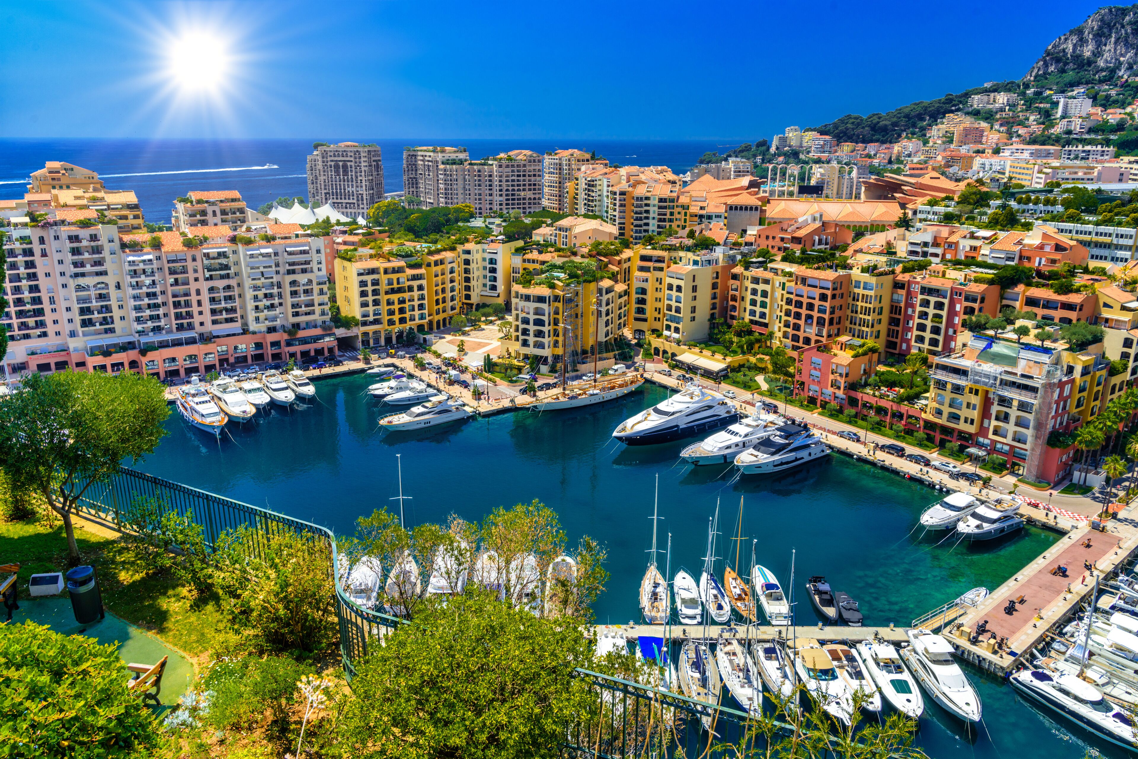Yachts in bay near houses and hotels, Fontvielle, Monte-Carlo, Monaco, Cote d'Azur, French Riviera