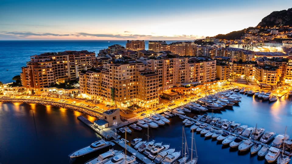Aerial View on Fontvieille and Monaco Harbor with Luxury Yachts, French Riviera