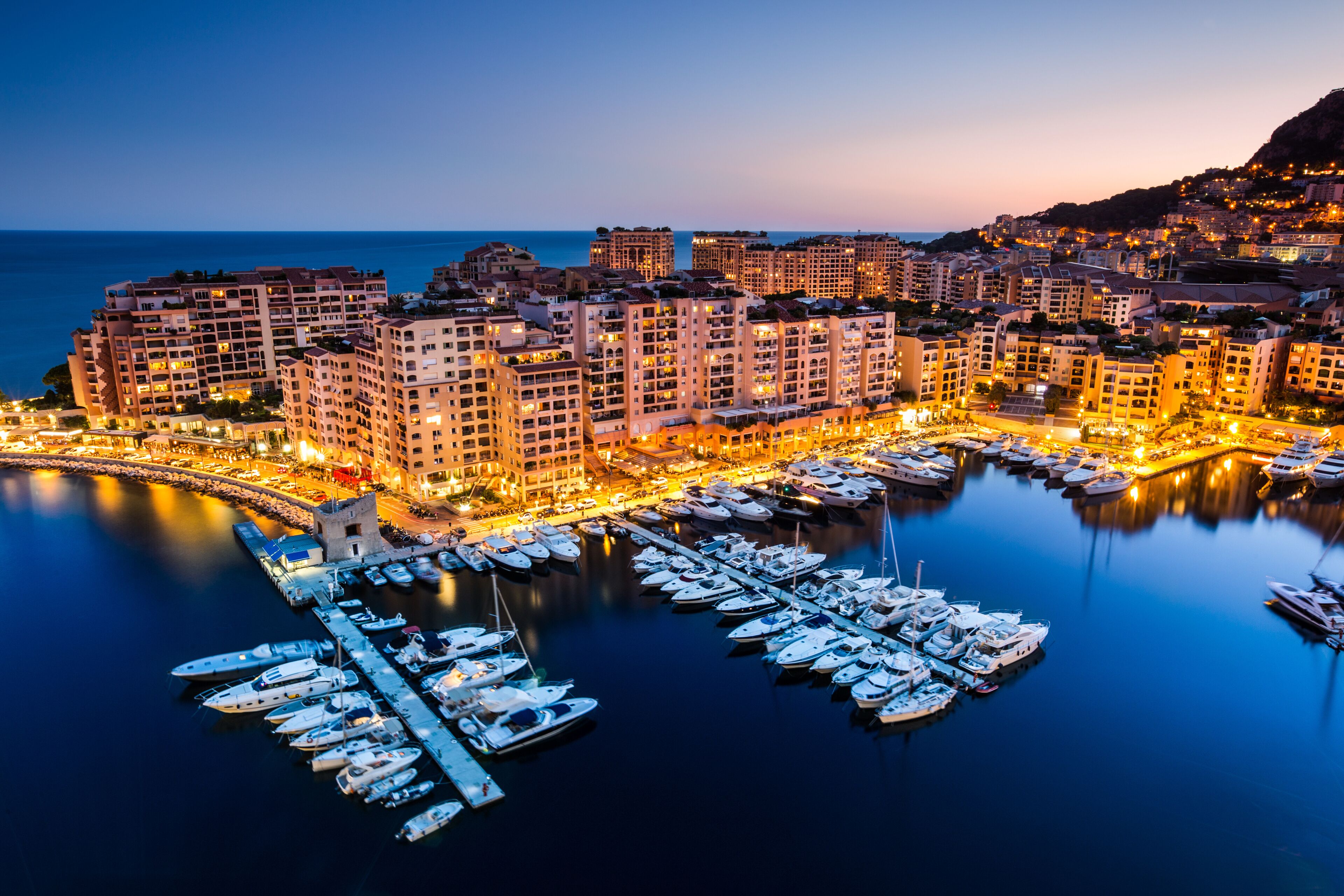 Night view on Fontvieille and Monaco Harbor