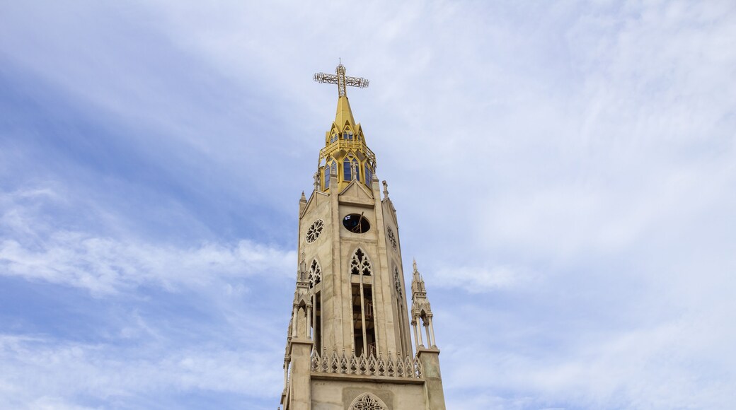 Detalhe da torre da Paróquia São Francisco de Assis em Catalão em um dia claro.