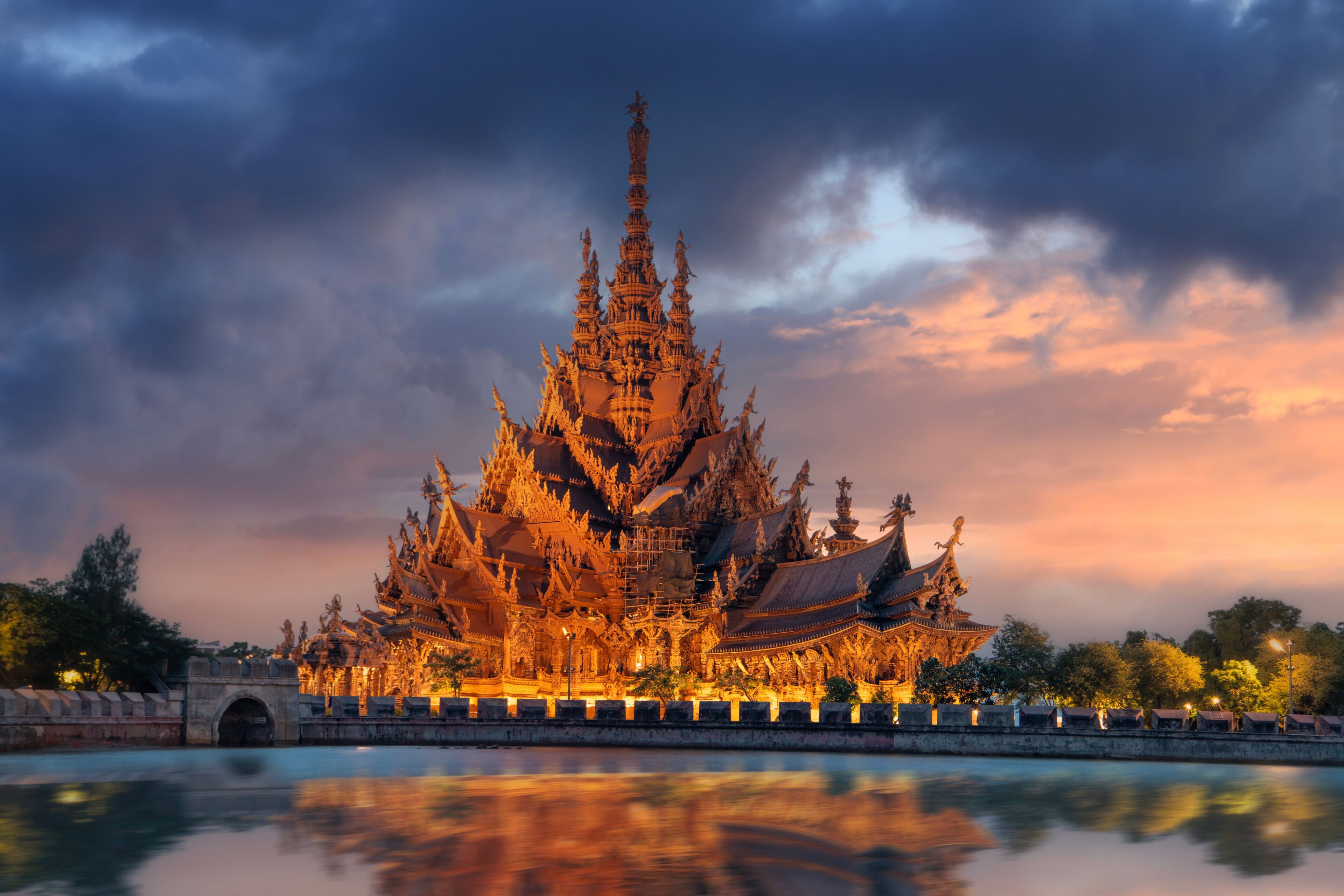 Beautiful scenery  sunset at Sanctuary of Truth. The Wood museum is an all-wood building filled located in Pattaya Thailand.
