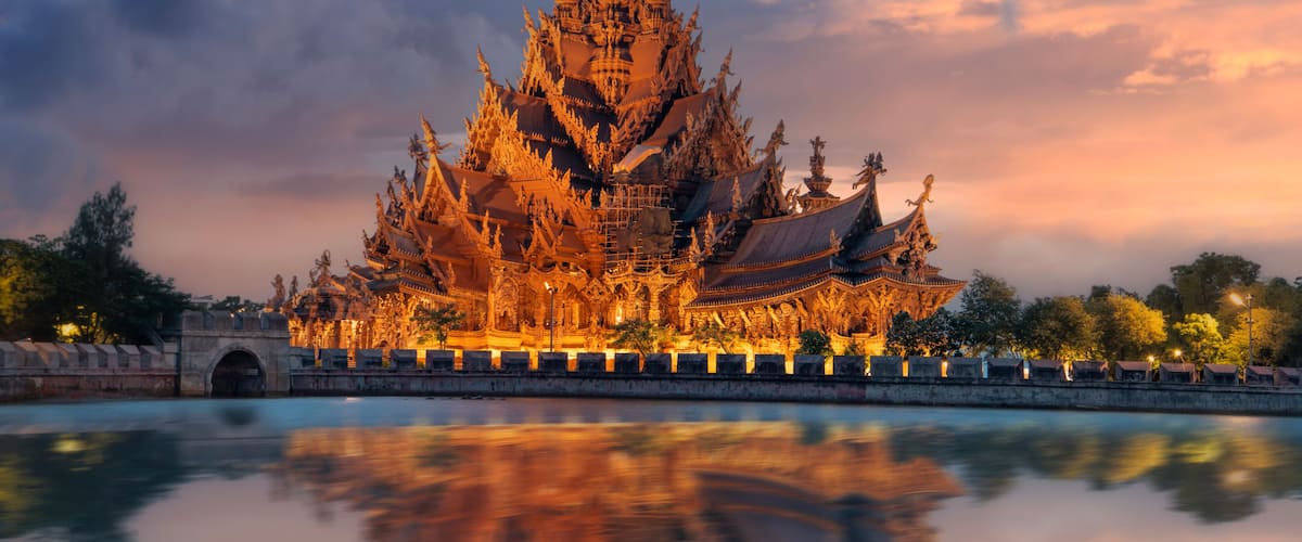 Beautiful scenery sunset at Sanctuary of Truth. The Wood museum is an all-wood building filled located in Pattaya Thailand.