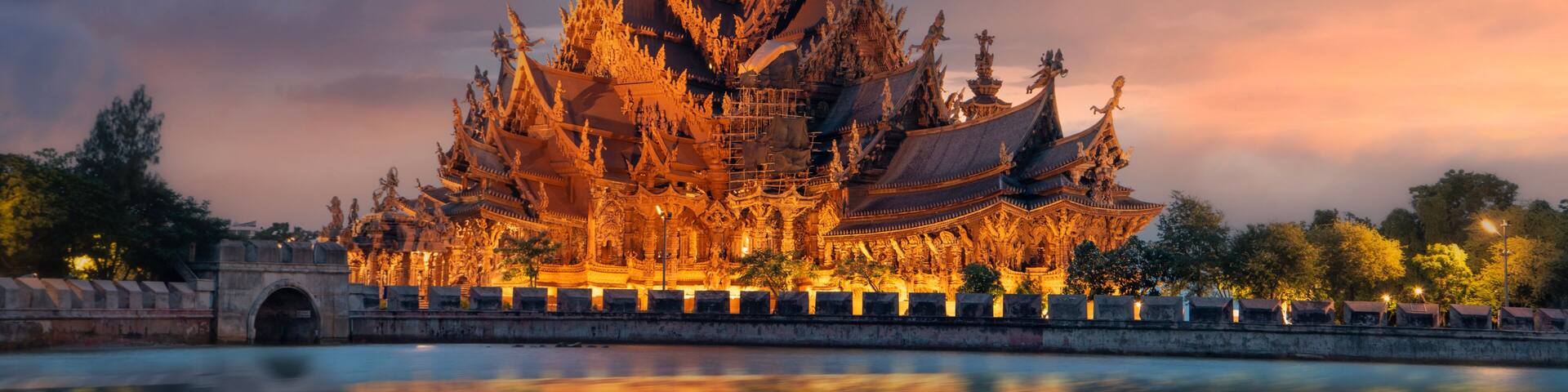 Beautiful scenery sunset at Sanctuary of Truth. The Wood museum is an all-wood building filled located in Pattaya Thailand.