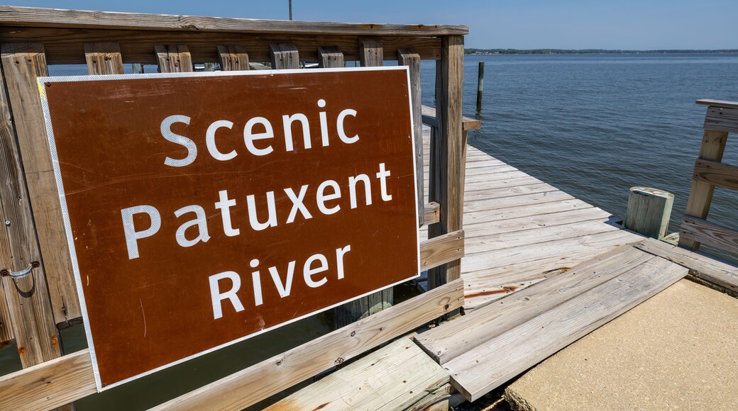 Une pancarte en bois portant l’inscription «
Vue panoramique sur la rivière Patuxent
» est fixée sur une jetée.
