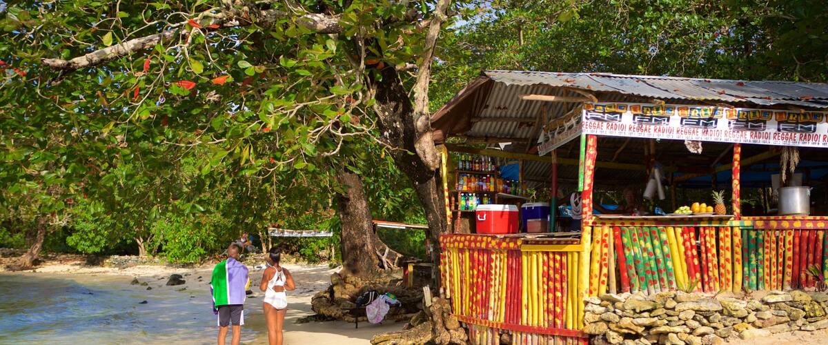 Winnifred Beach showing a beach bar and a beach as well as a small group of people