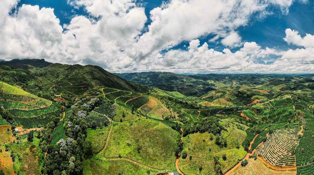 High perspective aerial view of hilly countryside of Minas Gerais, famous for its coffee production, Brazil