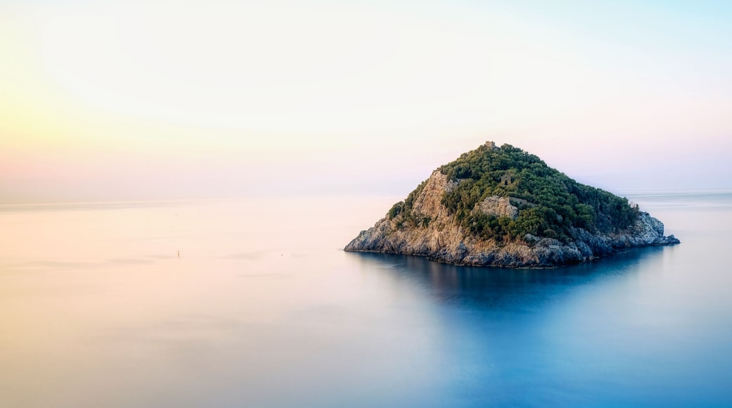 A small island with a clear sky and calm water.