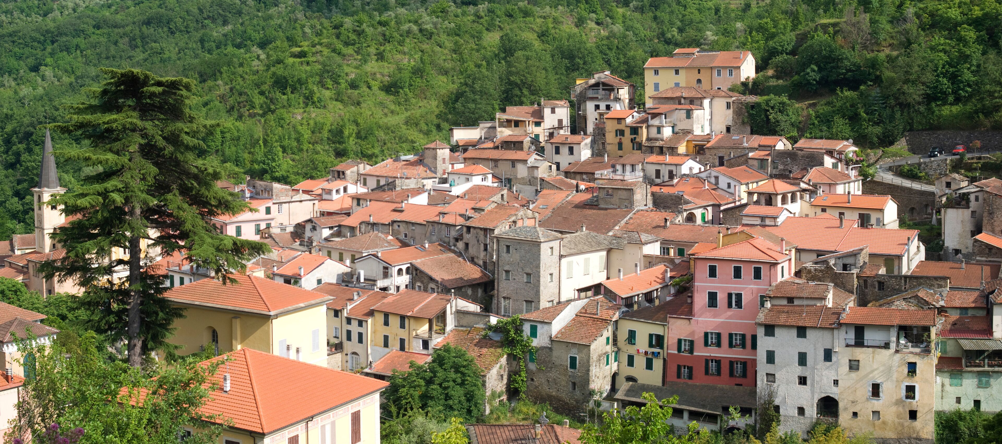 A hillside village with terracotta-roofed buildings nestled among lush greenery.