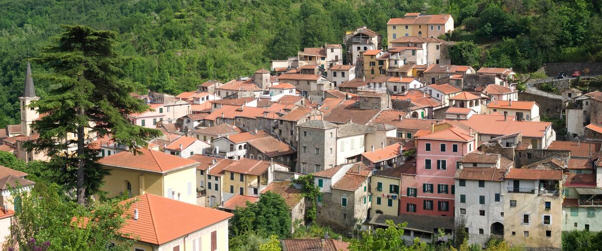 A hillside village with terracotta-roofed buildings nestled among lush greenery.