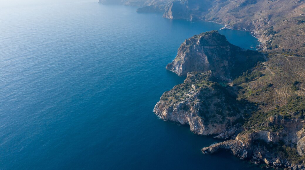 An aerial view of the cove of Gazipasa in Antalya Turkey. Sea and mountains with an open sky.