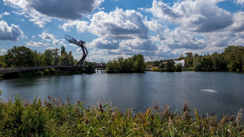 A lake with a bridge, trees, and a sculpture.