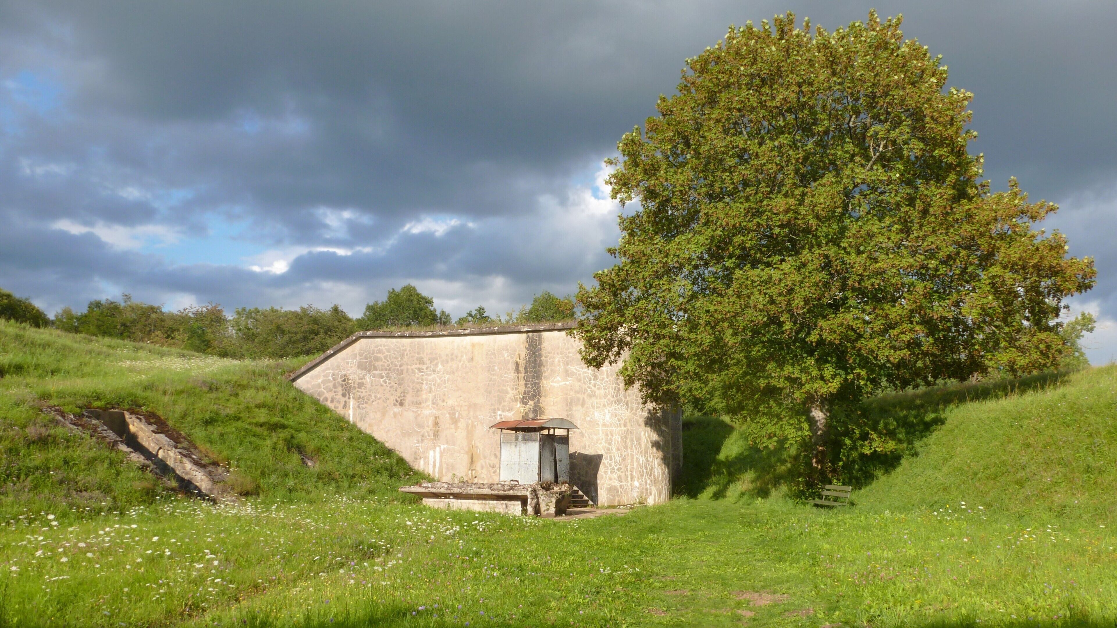 A stone building with a bench and an umbrella, surrounded by lush greenery and a large tree.