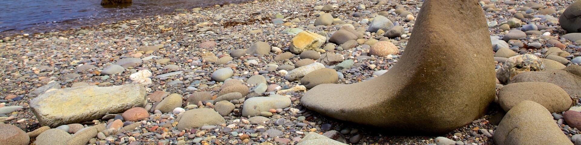 Smuggler\'s Cove showing a pebble beach and rocky coastline