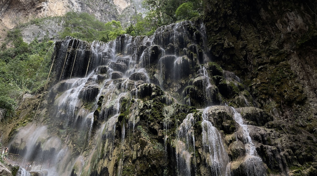 Grutas Tolantongo waterfall in a forest in the daylight in Mexico