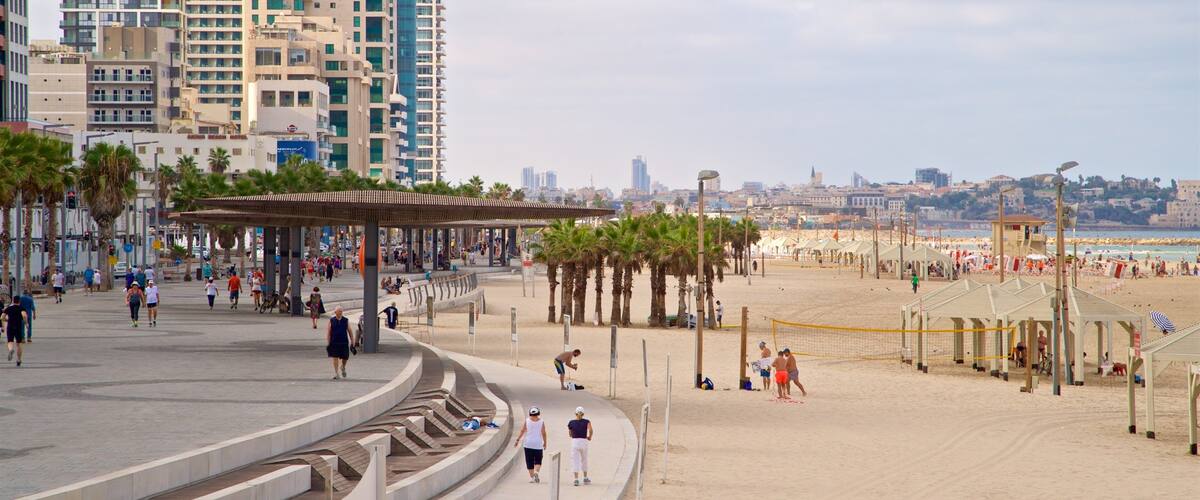 Bograshov Beach featuring a city, a sandy beach and a coastal town