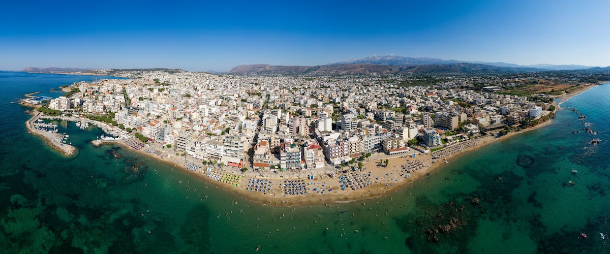 Aerial panorama of the resort town of Nea Chora in the Greek city of Chania, Crete