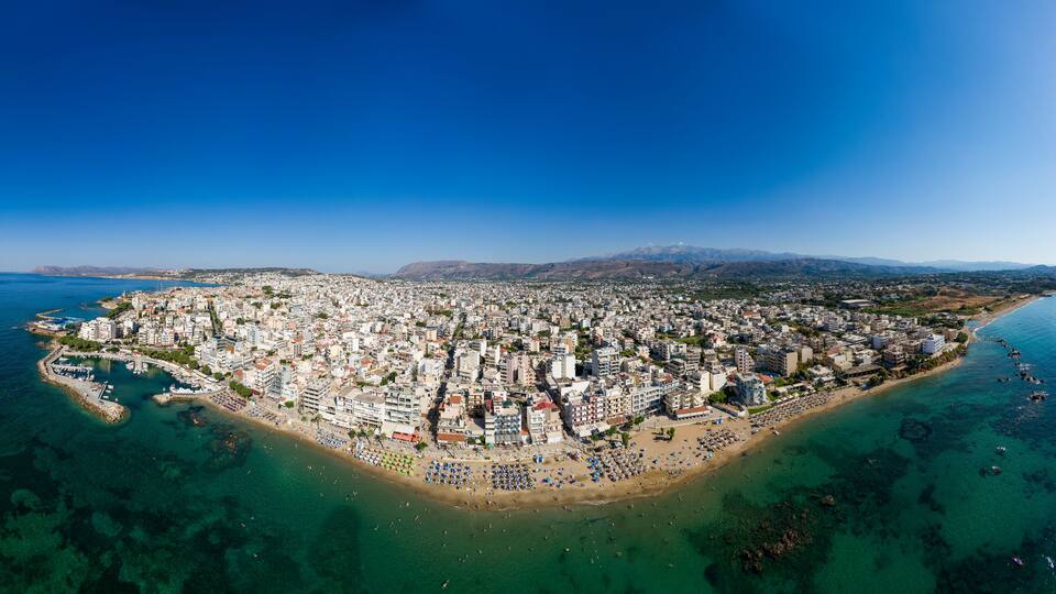 Aerial panorama of the resort town of Nea Chora in the Greek city of Chania, Crete