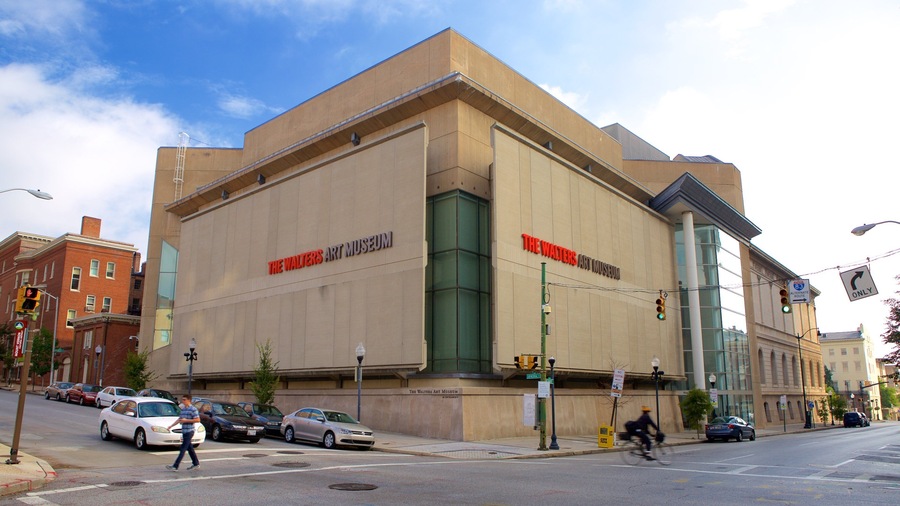 The Walters Art Museum with a clear view of its facade and signage.