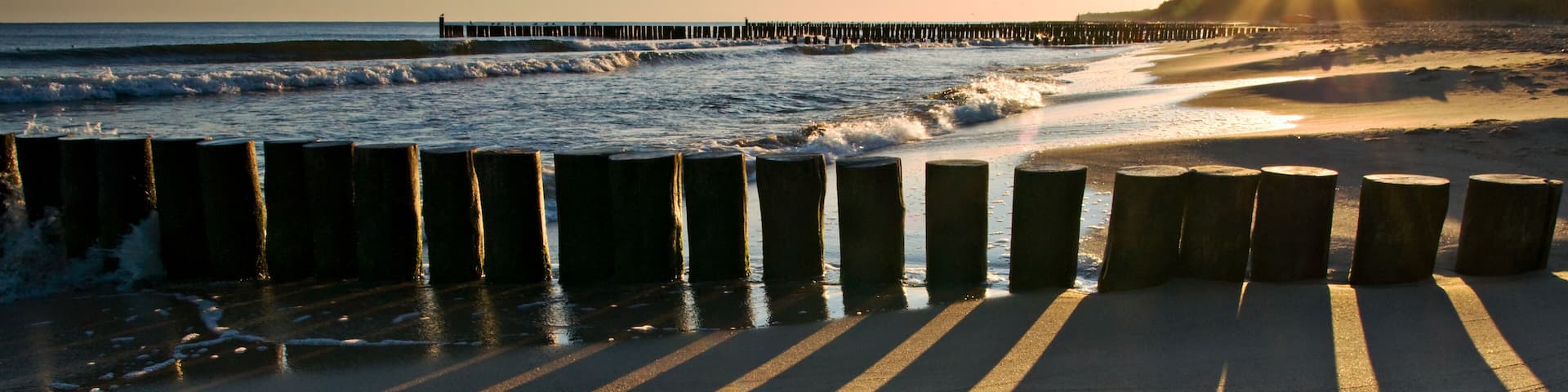 A beach with wooden barriers and a pier extending into the ocean.