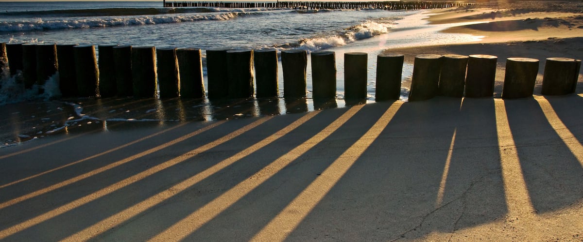 A beach with wooden barriers and a pier extending into the ocean.