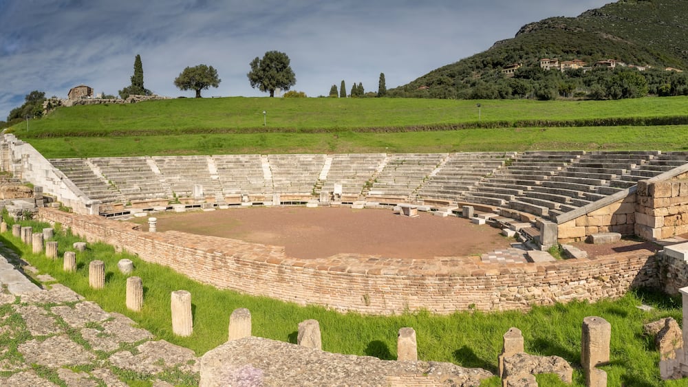 Ruins of the theater in the Ancient Messene archeological site, Peloponnese, Greece. One of the best preserved ancient cities in Greece with visible remains dating back further than the 4th century BC
