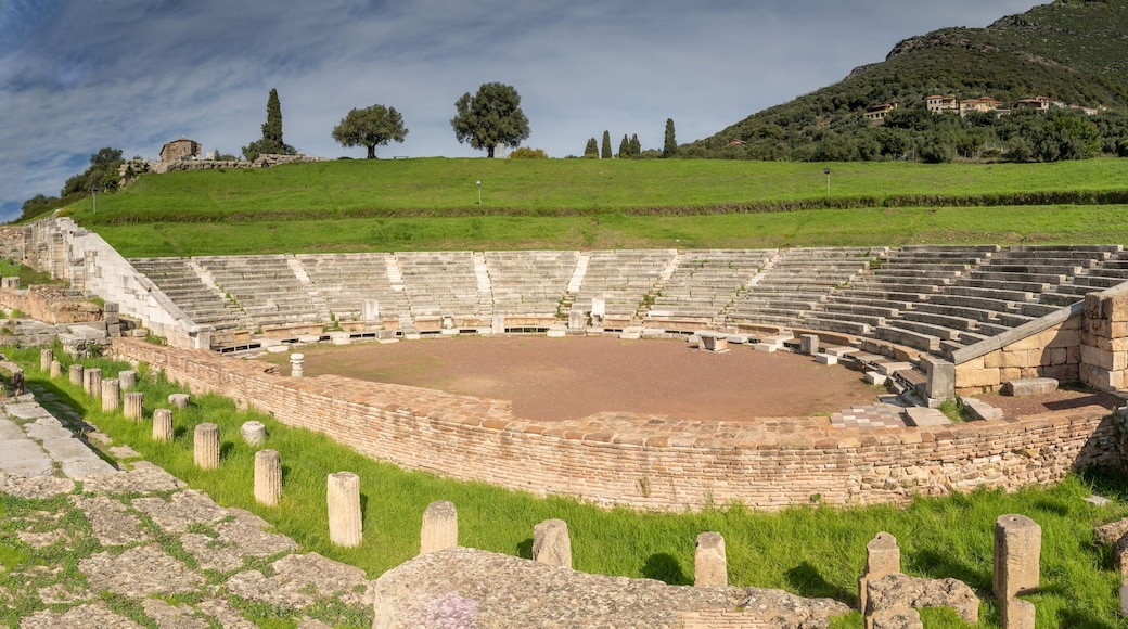 Ruins of the theater in the Ancient Messene archeological site, Peloponnese, Greece. One of the best preserved ancient cities in Greece with visible remains dating back further than the 4th century BC