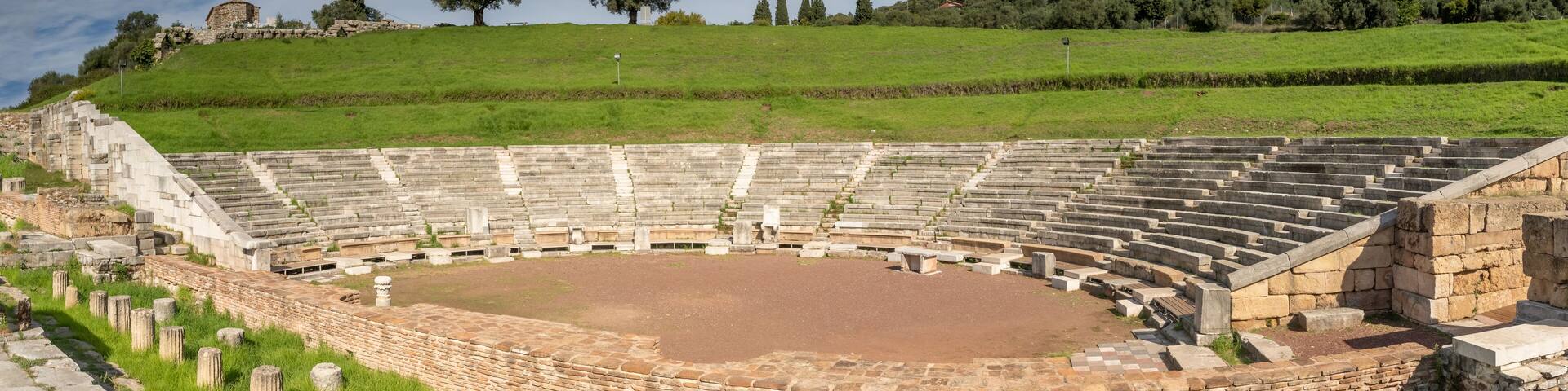 Ruins of the theater in the Ancient Messene archeological site, Peloponnese, Greece. One of the best preserved ancient cities in Greece with visible remains dating back further than the 4th century BC