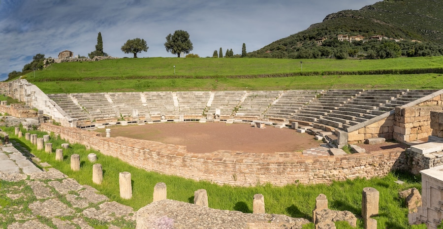 Ruins of the theater in the Ancient Messene archeological site, Peloponnese, Greece. One of the best preserved ancient cities in Greece with visible remains dating back further than the 4th century BC