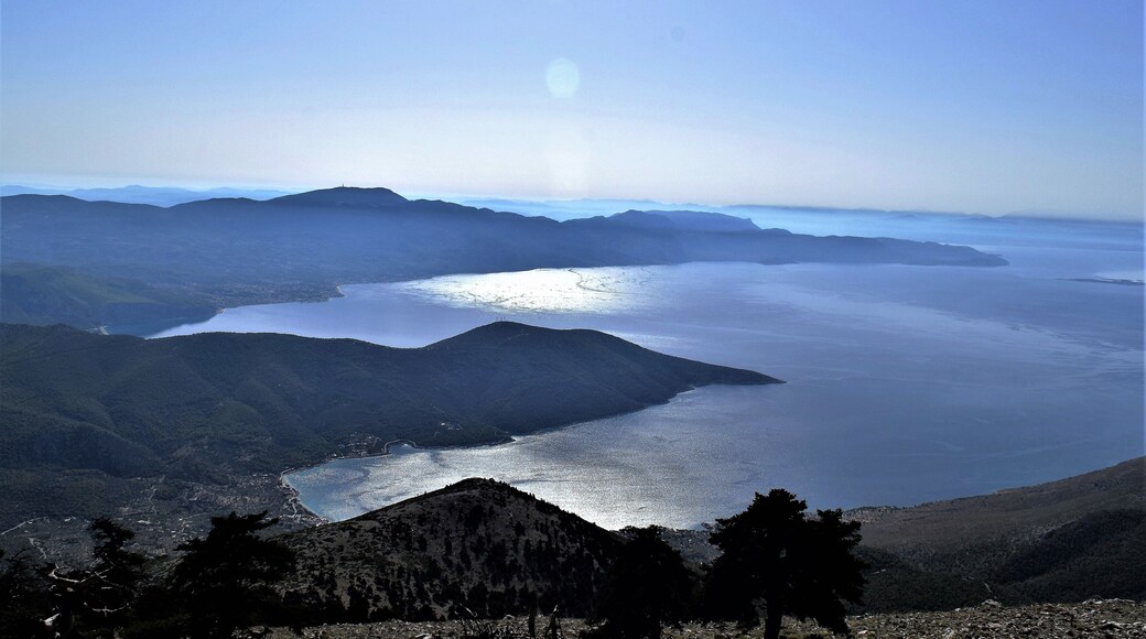 On the top of Mountain Kitheronas in Greece you can see the whole Corinthian Gulf and Porto Germeno's (Egosthena) Bay in Attica from the one side and from the other side you can see the Plain of Thebes in Viotia Prefecture